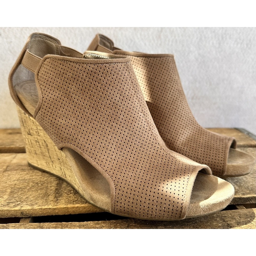 LifeStride Cork Wedge Heels Peep Toe Comfort Womens 7.5 Beige Excellent